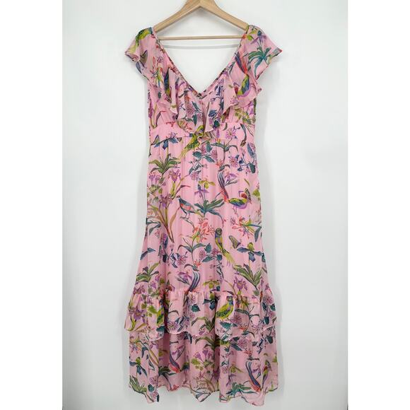 Banjanan 100% Silk Marina Dress Chiffon Maxi Dress Floral V-Neck Ruffle Tiered - Picture 3 of 15